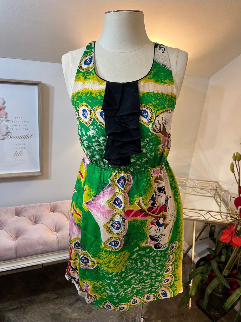 Moulinette Soeurs 100% Silk Ruffle-Front Carousel Print Mini Dress Size 0